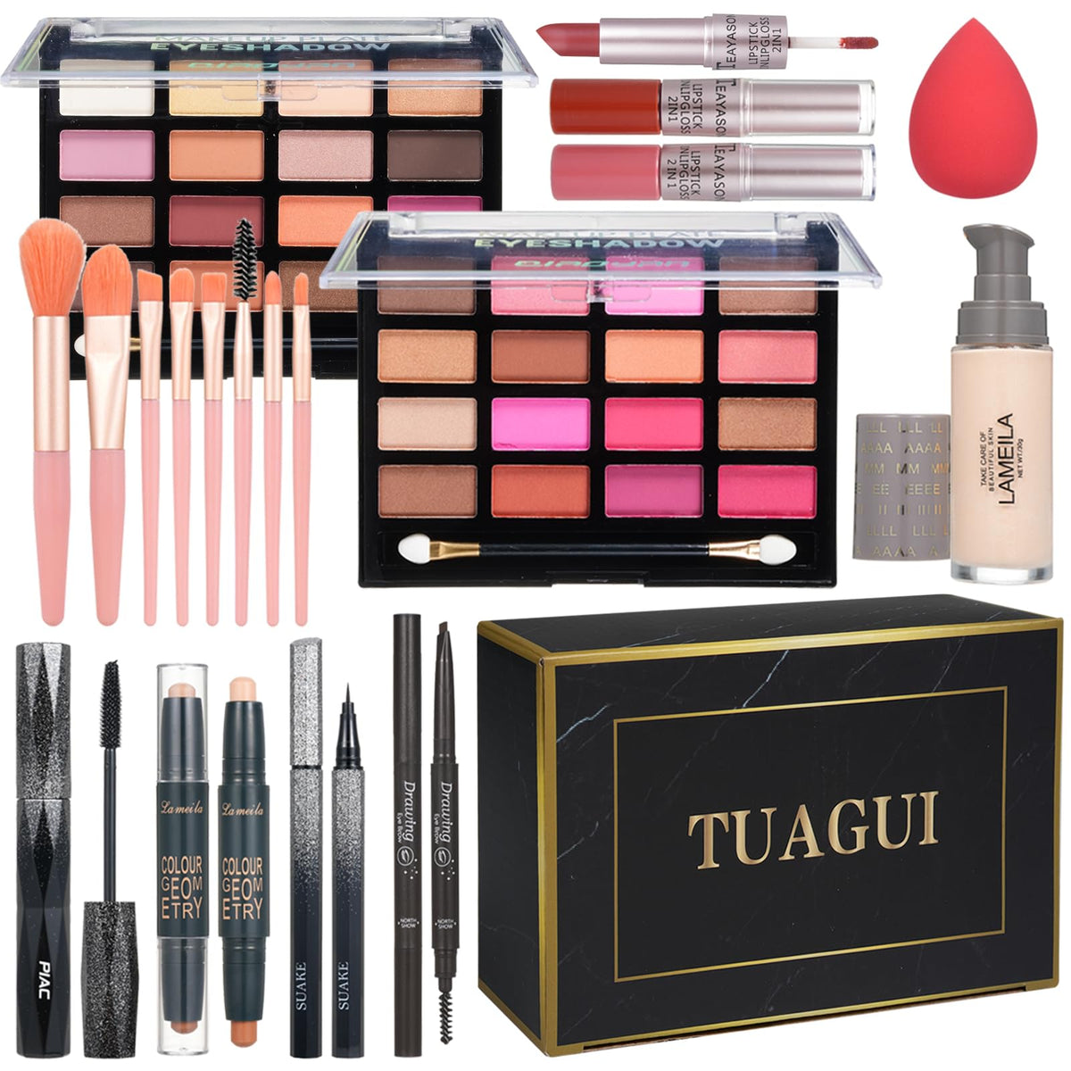 Tuagui All-In-One Makeup Kit For Women - Eyeshadow, Foundation, Eyeliner, Brush & Sponge Set