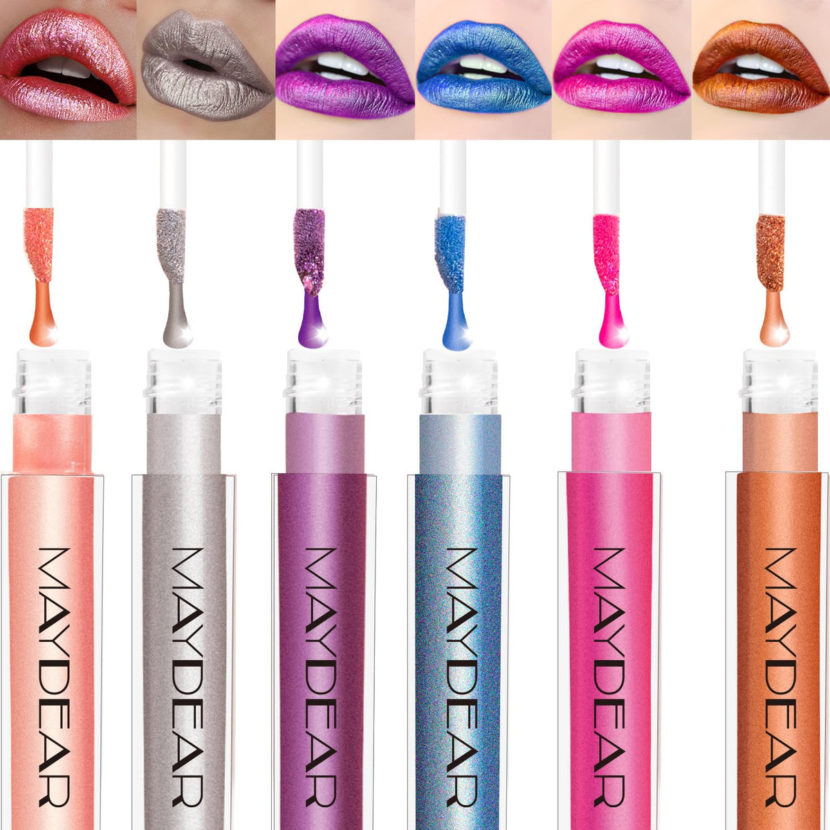 Maydear Metallic Liquid Lipstick Set - 6 Shimmer Colors, Long-Wear Diamond Finish For Cosplay & Halloween