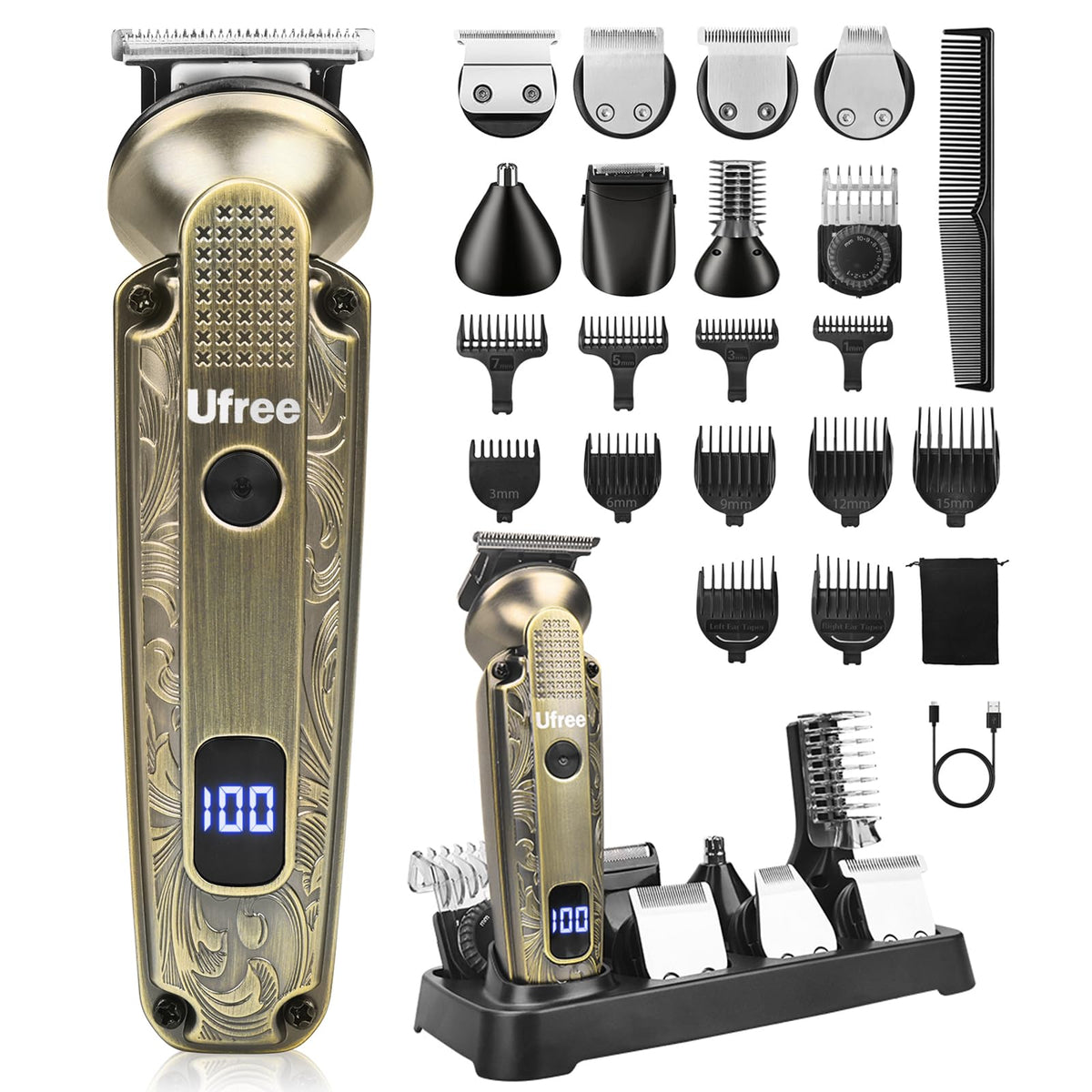 Ufree 7-In-1 Waterproof Beard Trimmer For Men, Cordless Grooming Kit, Bronze