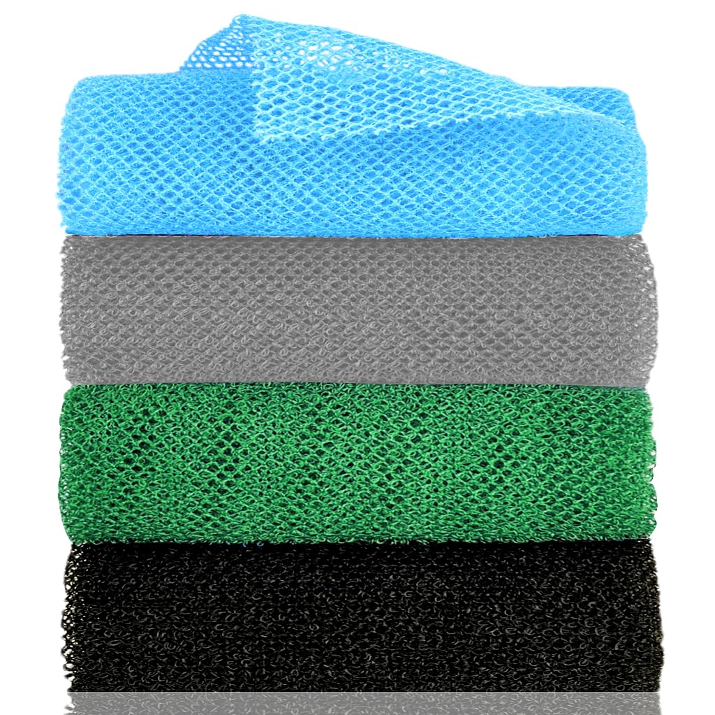 Spmktbozai African Exfoliating Net Sponge - Nylon Bath Scrubber, 4 Pack (Black, White, Blue,