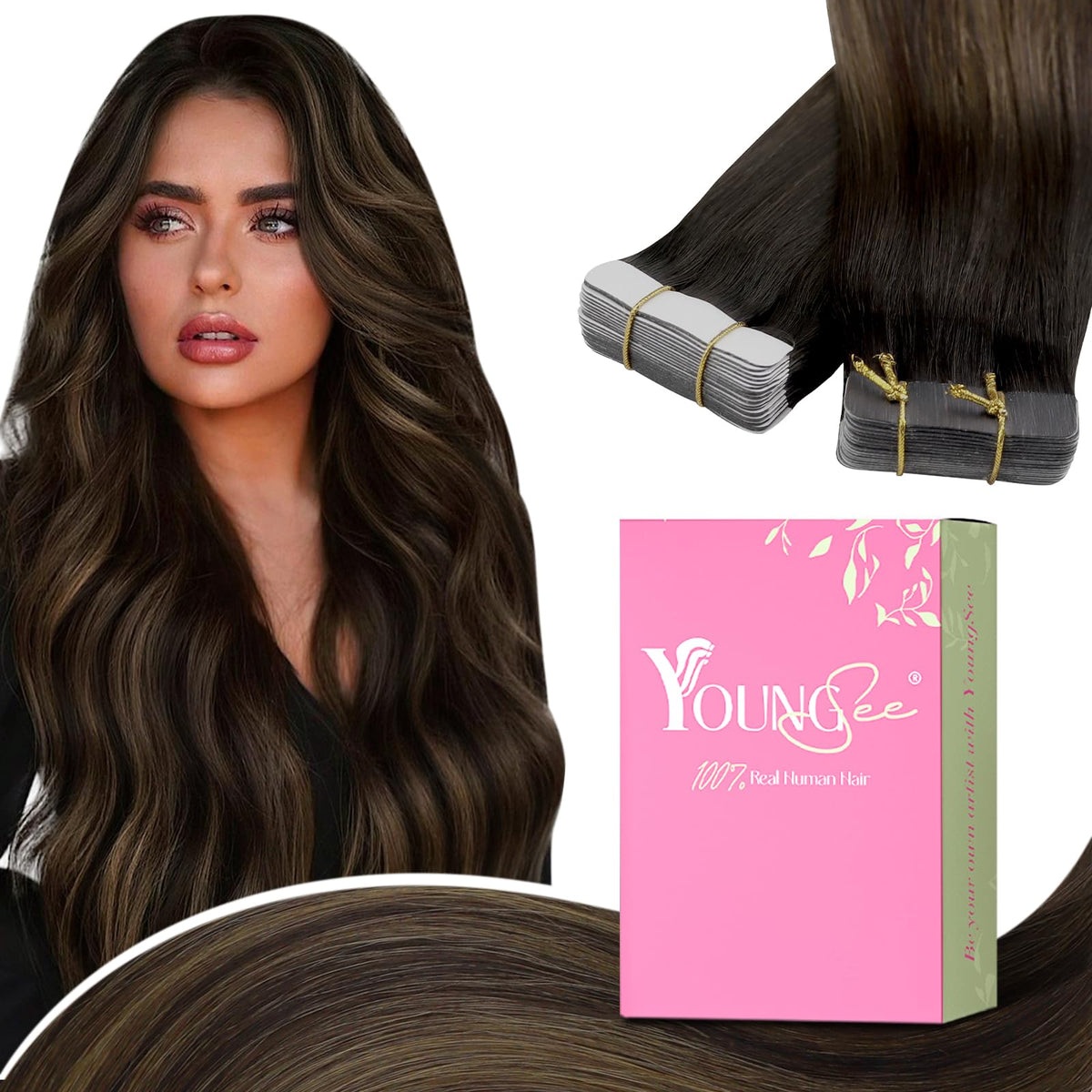 Youngsee 12&quot; Brown Balayage Tape-In Extensions, 20Pcs Real Human Hair, Dark Brown Ombre