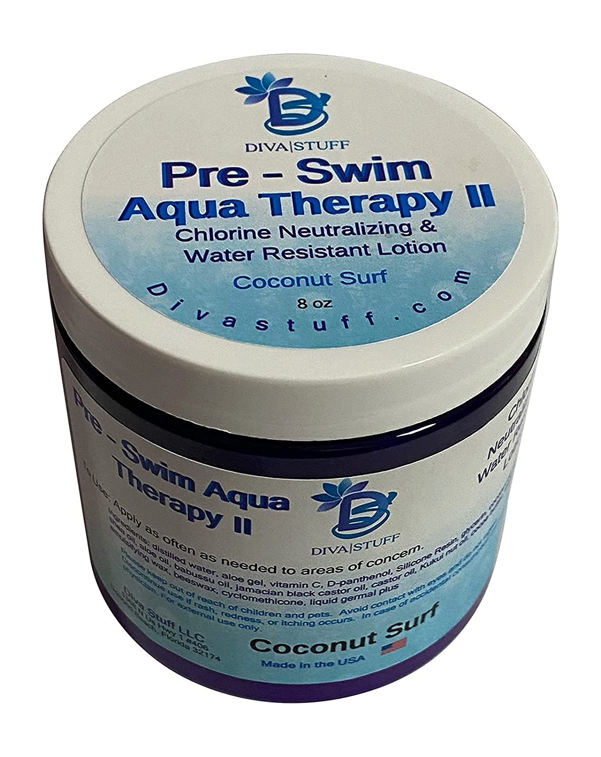 Diva Stuff Pre-Swim Aqua Therapy Lotion - Chlorine & Salt Water Protection, Coconut Surf, 8 Fl Oz