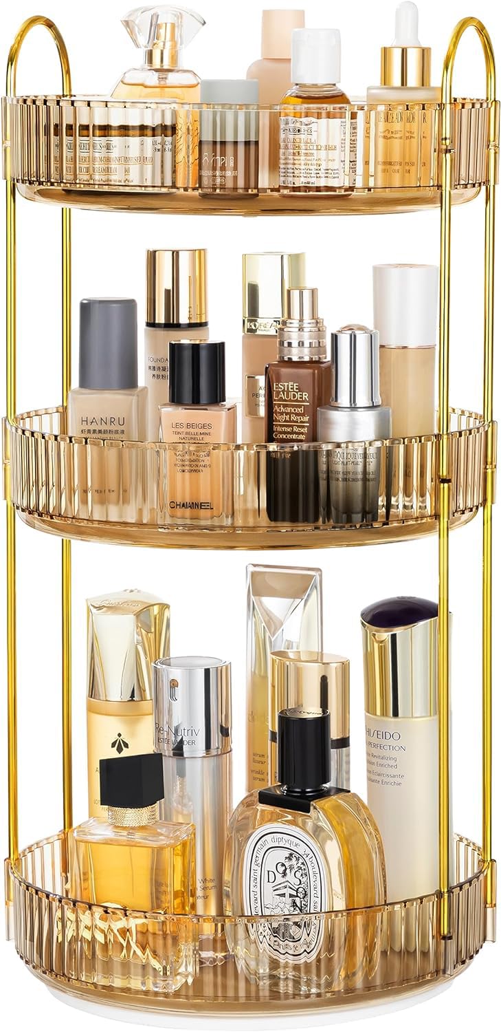 Vorey 360 Rotating Makeup Organizer - 3 Tier Spinning Skincare & Perfume Storage, Gold