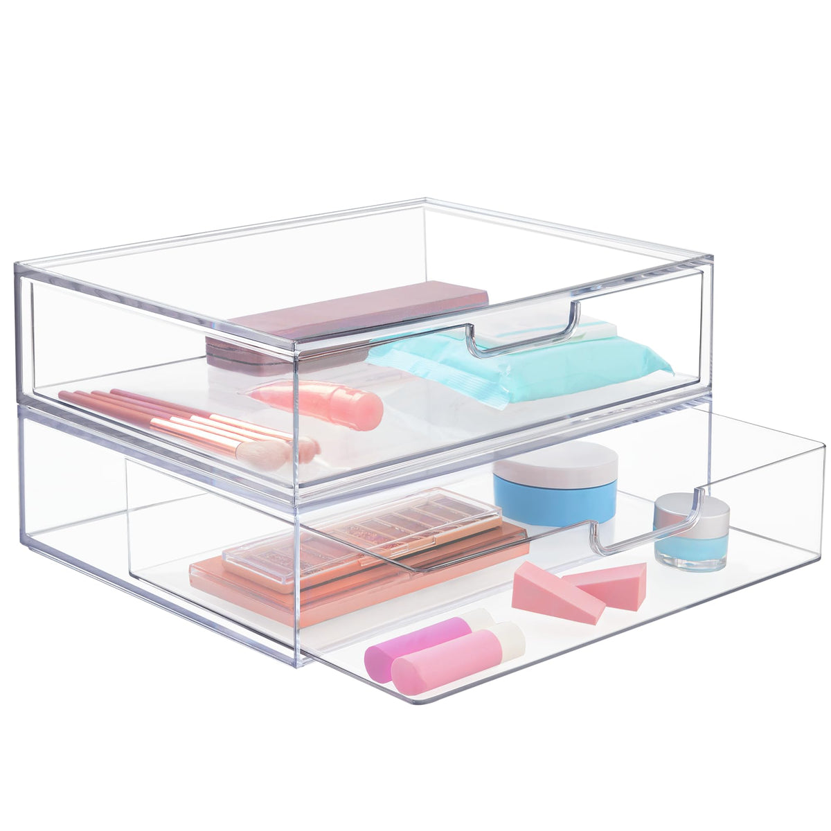 Stori Clear Stackable Storage Drawers, 12.5” Organizer Bins For Makeup & Beauty Supplies, 2 Pack