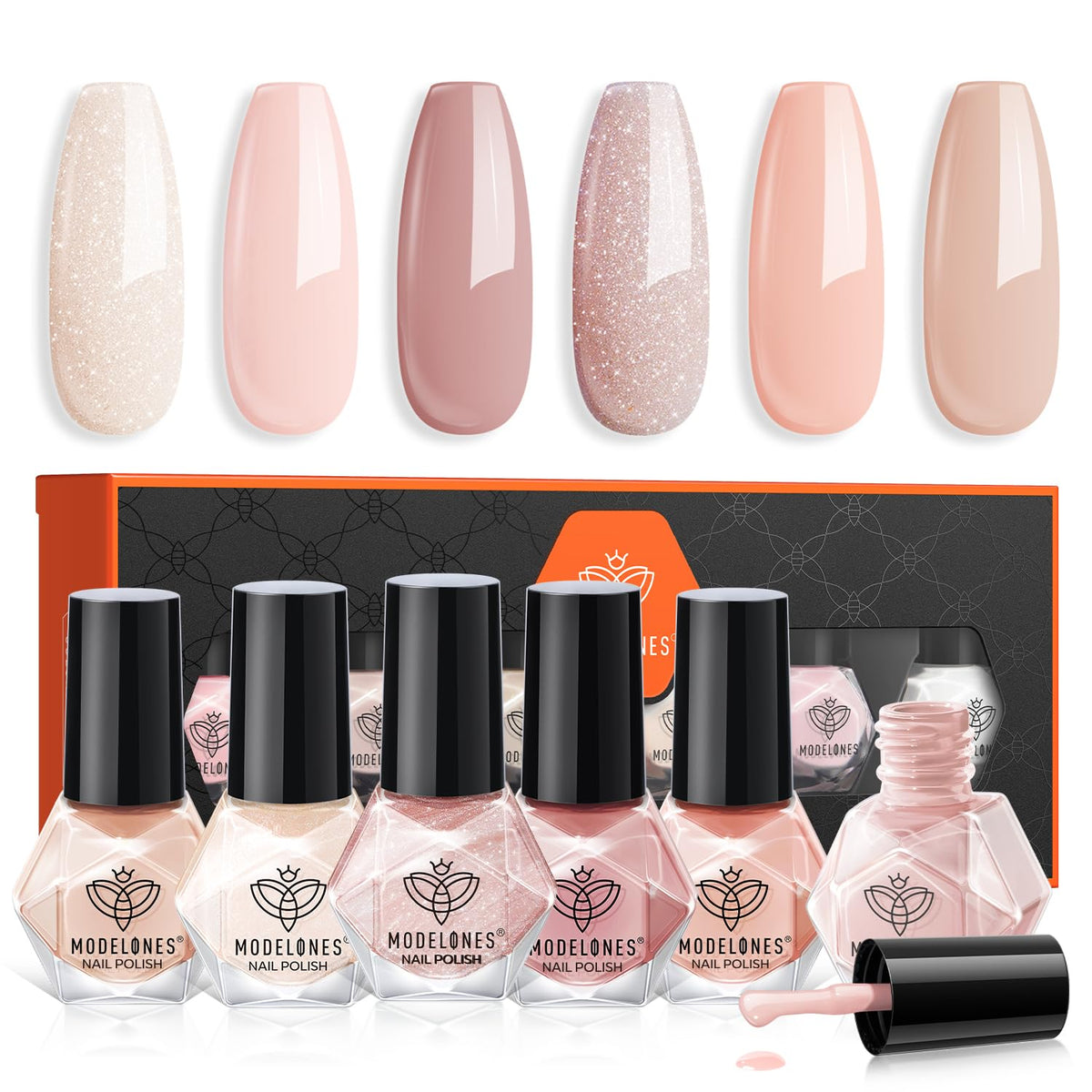 Modelones 6 Colors Nail Polish Set - Neutral Nude Quick Dry Glitter For Diy Nail Art & Gifts