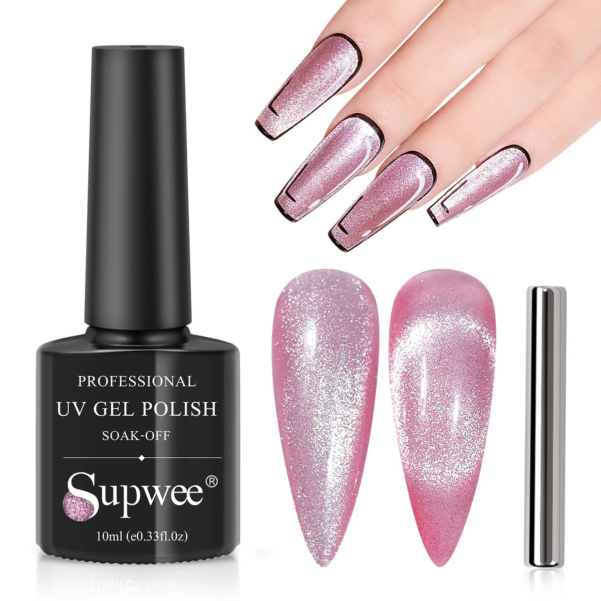 Supwee 9D Cat Eye Gel Nail Polish - Pink Magnetic Varnish, Soak Off, 10Ml For Diy Nail