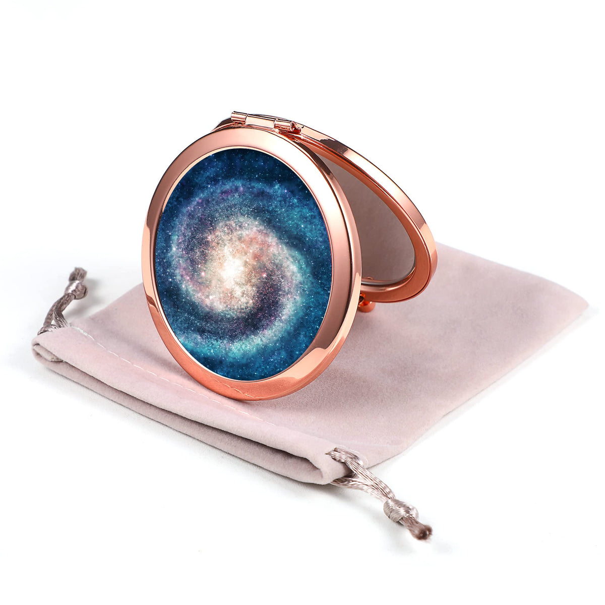 Dynippy Rose Gold Compact Mirror - Double-Sided 2X/1X Magnification, Portable Hand Mirror, Galaxy Space