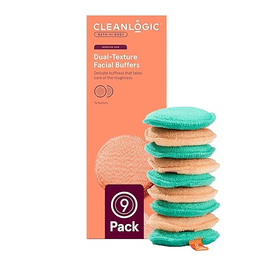 Cleanlogic Exfoliating Facial Pads, Dual-Texture Makeup Remover Sponges, 9 Count, Coral & Emerald