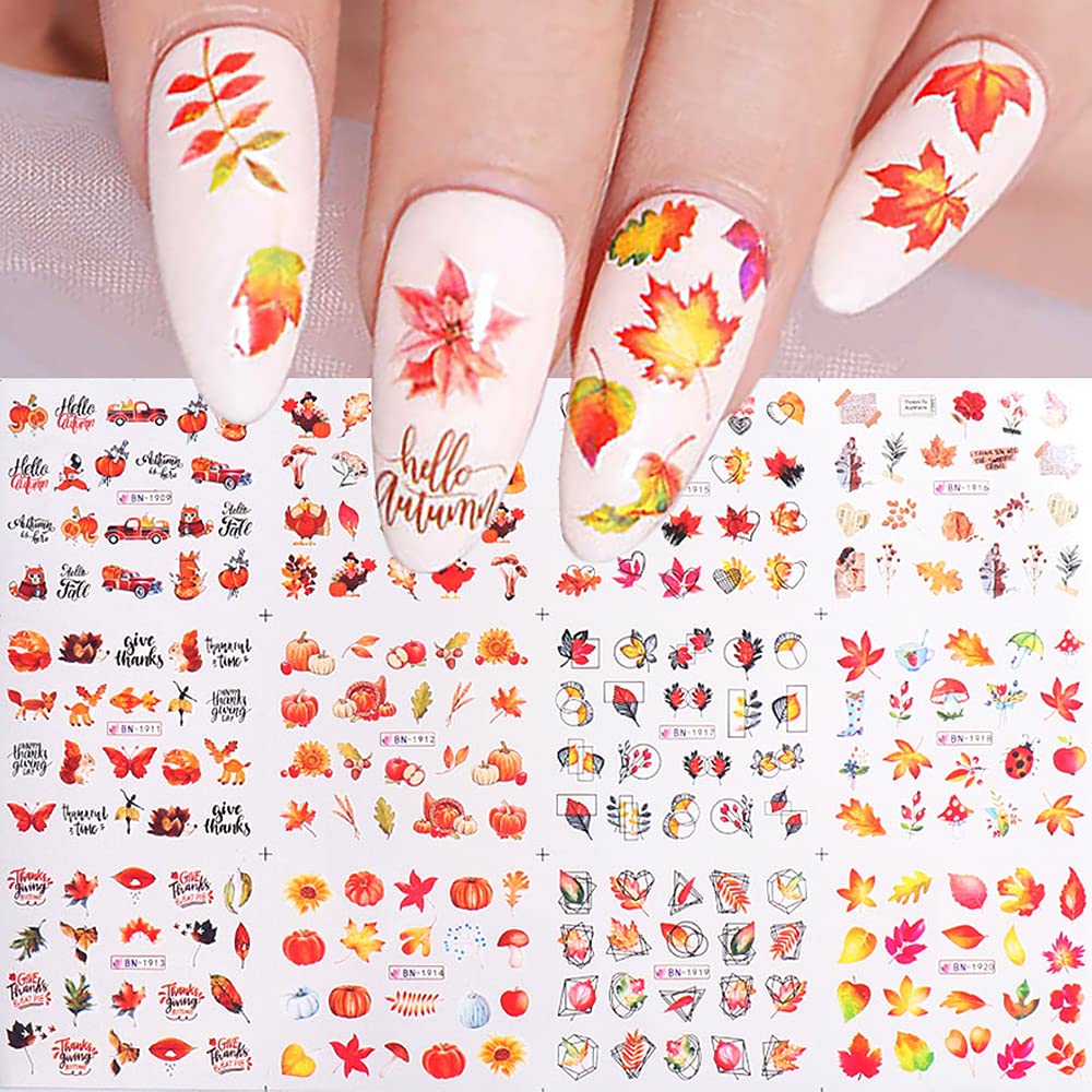 Qdsuh Fall Nail Stickers - Autumn Maple Leaf Water Transfer Decals For Acrylic Nails (12 Sheets)