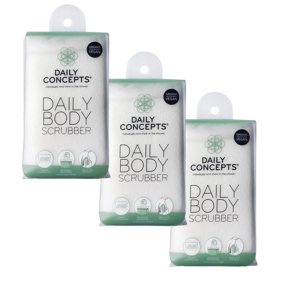 Daily Concepts Daily Body Scrubber - 3 Pack, Organic Cotton, Gentle Exfoliation, Rich Lather