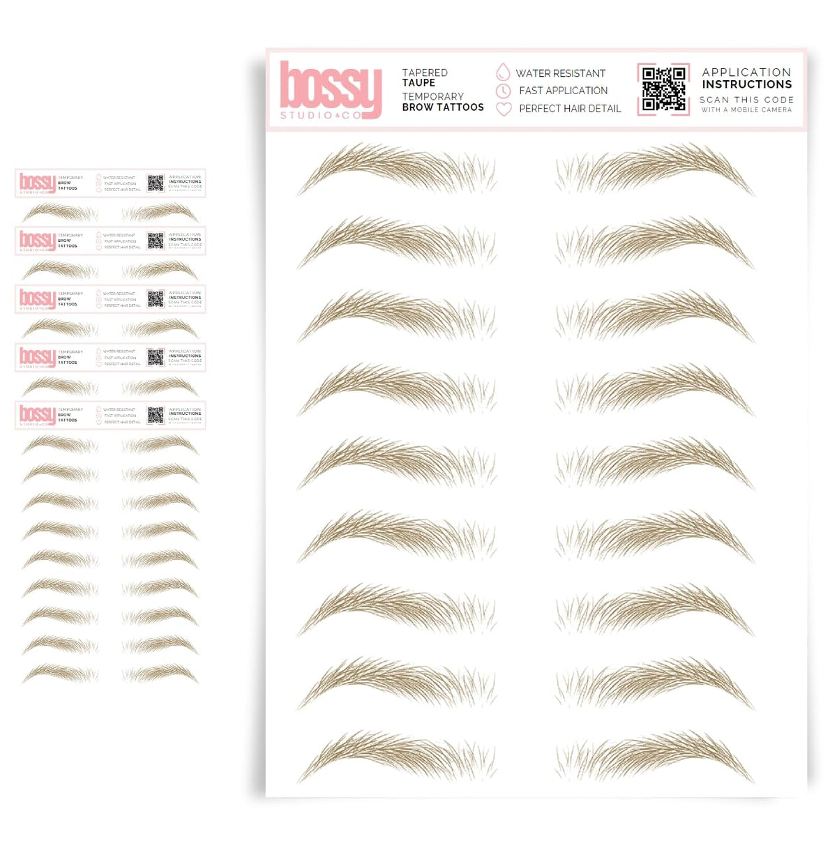 Brows By Bossy 5 Pack Waterproof Eyebrow Tattoos, Tapered Taupe Instant Transfer Stickers