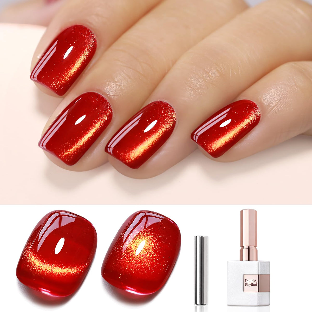 Double Rhythm Cat Eye Gel Polish 15Ml - Blood Red Holographic Glitter, Soak Off Nail Art