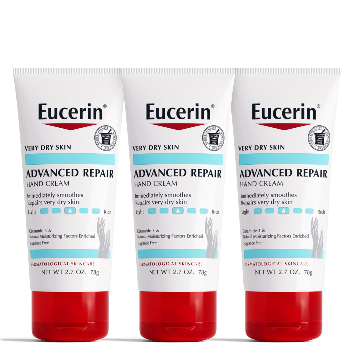 Eucerin Advanced Repair Hand Cream, Fragrance Free, 2.7 Ounce (Pack Of 3) For Very Dry Skin