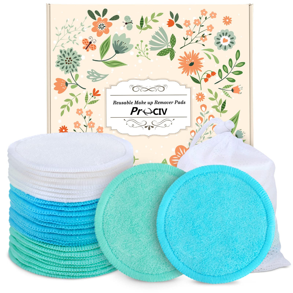 Prociv 18 Organic Reusable Cotton Rounds With Washable Bag - Eco-Friendly Makeup Remover Pads