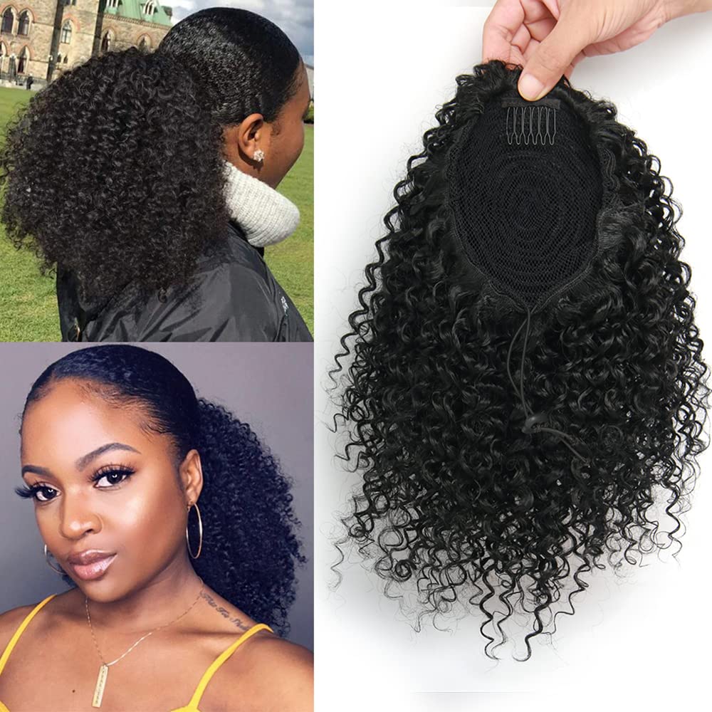 ROSESSEA Afro Kinky Curly Ponytail Extension - Synthetic Black(1B) Hair Piece for Women