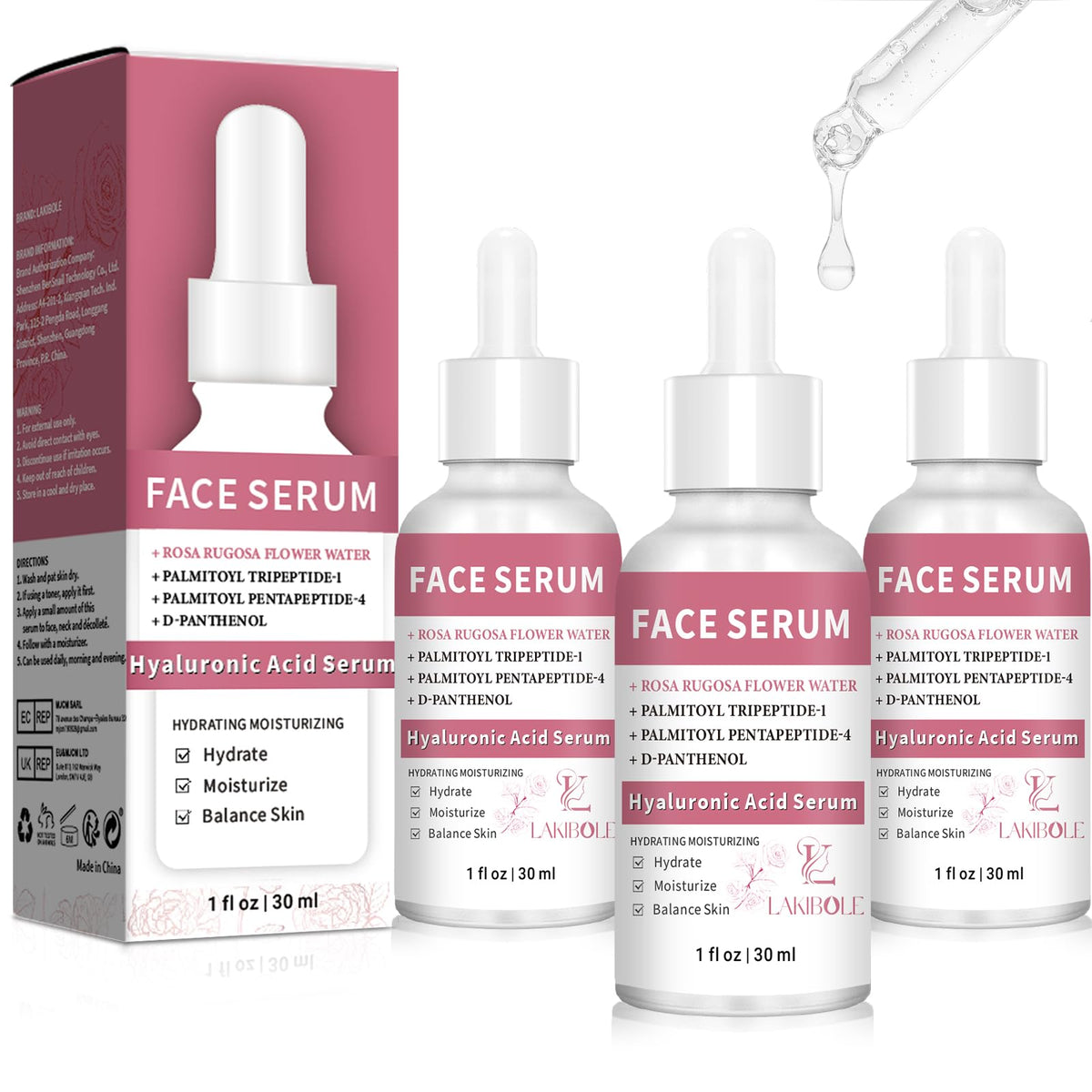 Lakibole 3 Pack Hyaluronic Acid Serum 2% With Rosa Rugosa Water For Hydration 1Fl.Oz Each