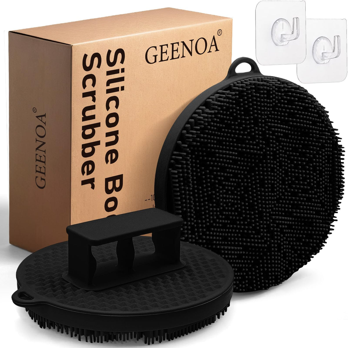 Geenoa Silicone Body Scrubber 2 Pcs - Exfoliating Loofah With Bristles & Comfort Handle, Black