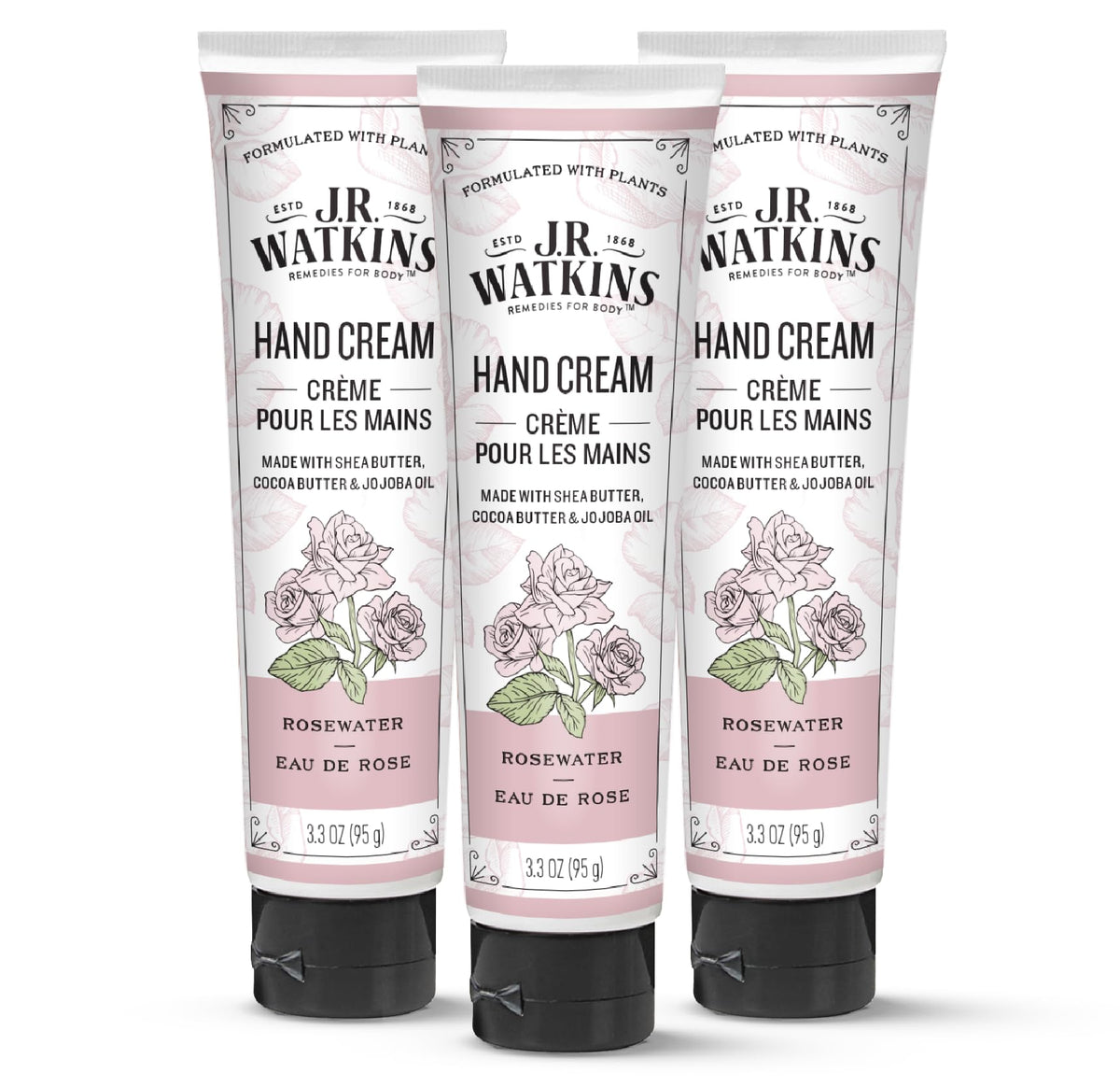 J.R. Watkins Rosewater Hand Cream, Moisturizing Shea & Cocoa Butter, 3.3Oz, 3 Pack, Cru