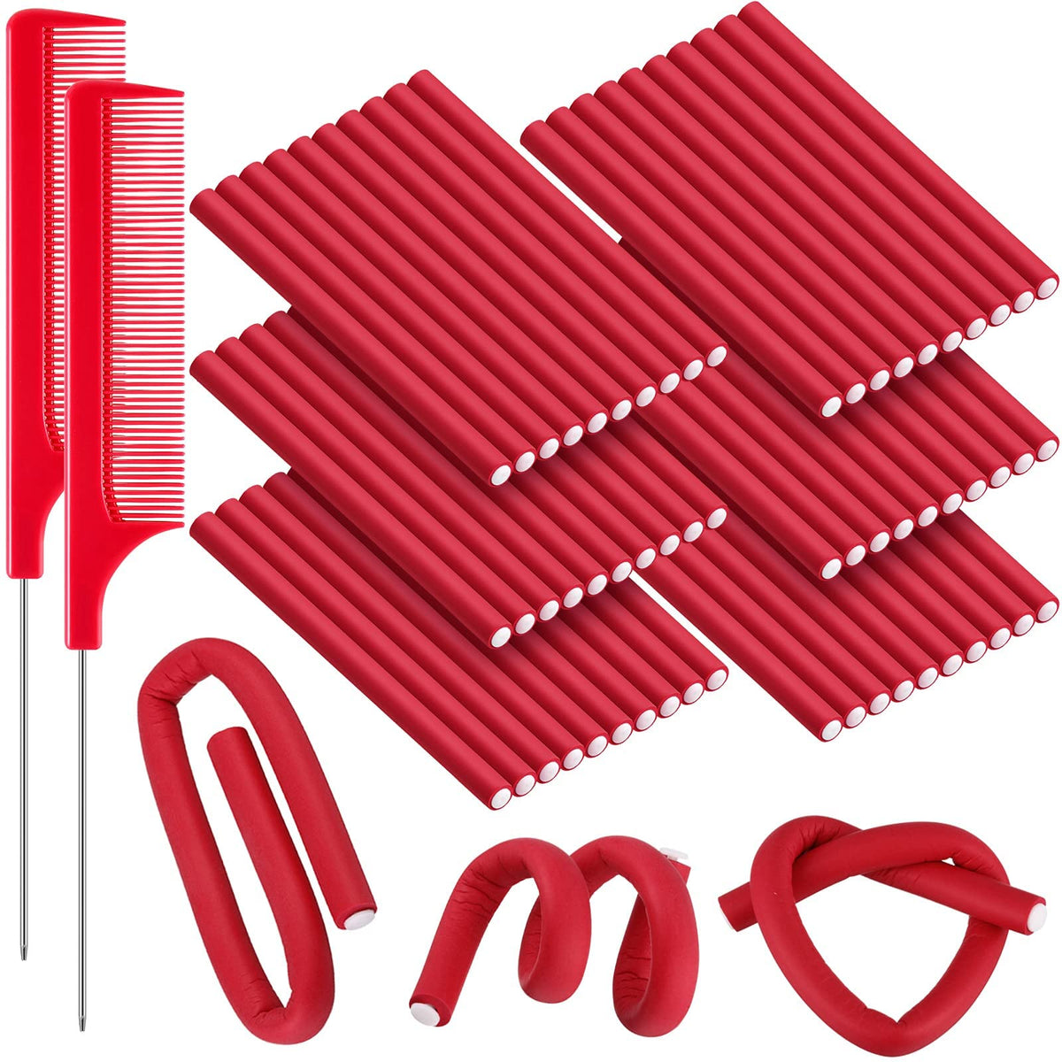 WILLBOND 60 Pieces Flexi Rods, No Heat Curlers for Long & Short Hair, Red Foam 0.4