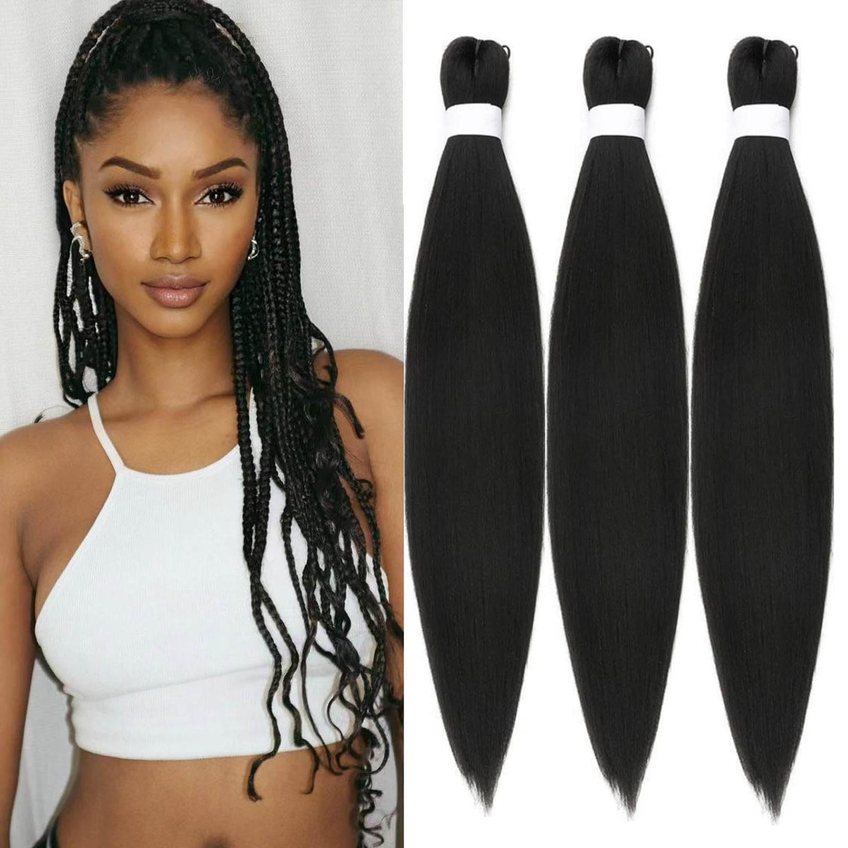 Roalnce 26&quot; Pre Stretched Braiding Hair Extensions - Soft Black Synthetic Knotless Braid 3 Packs