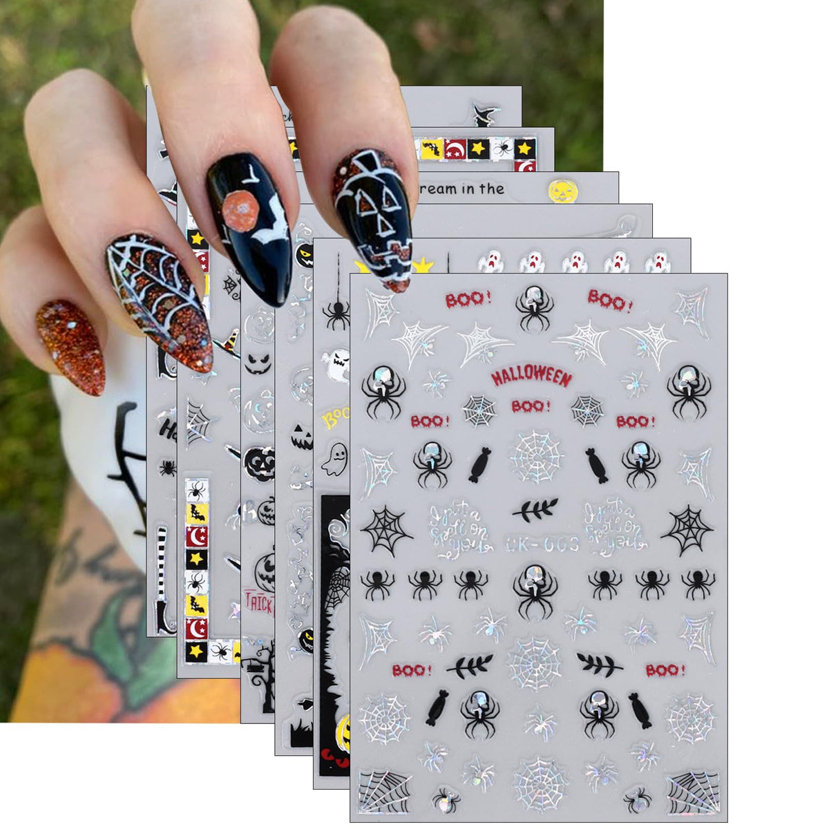 Kehkfsef 6 Sheets Halloween Nail Art Stickers - 3D Self-Adhesive Pumpkins, Spiders & W