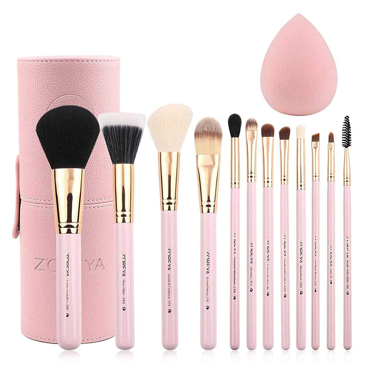 Z'Oreya 12Pcs Pink Makeup Brush Set With Holder - Synthetic Fiber Beauty Tools & Makeup Sponge