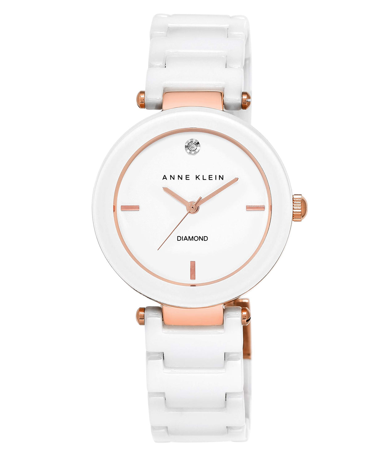 Anne Klein Women'S Diamond-Accented White Ceramic Bracelet Watch, Rose Gold Details