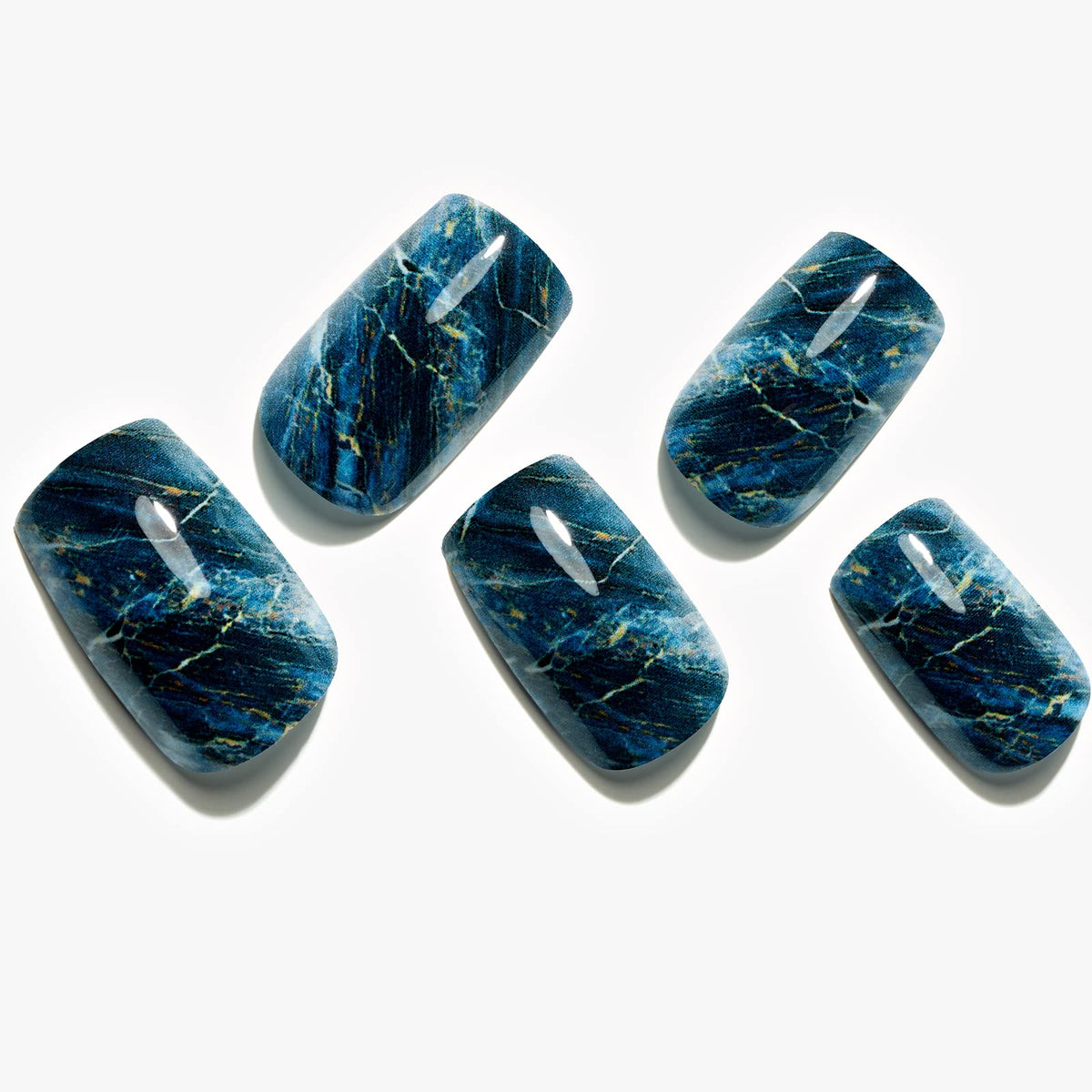 GLAMERMAID Peacock Blue Marble Press-On Nails - Medium Length Acrylic False Nail Kits, 24 Pcs