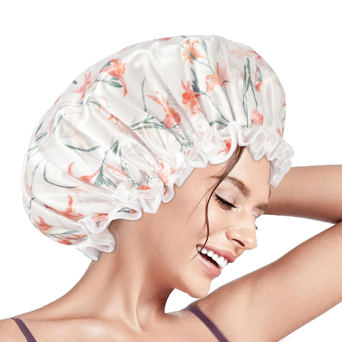 Aquior Reusable Waterproof Shower Cap For Women - Double Layer, Soft, Fits All Hair Lengths