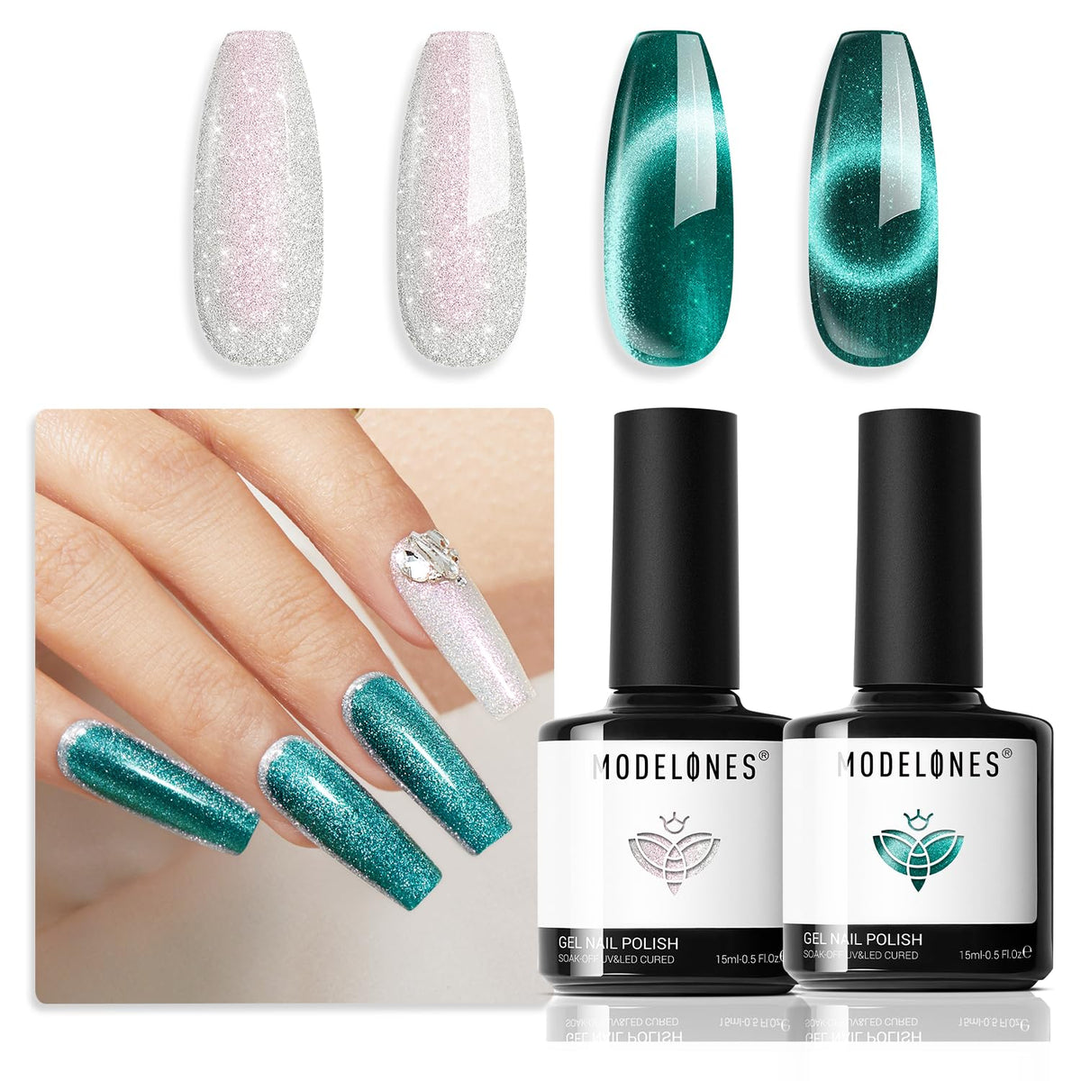 Modelones Cat Eye Gel Nail Polish Set 2 Pcs 15Ml - Holographic White Green Shimmer