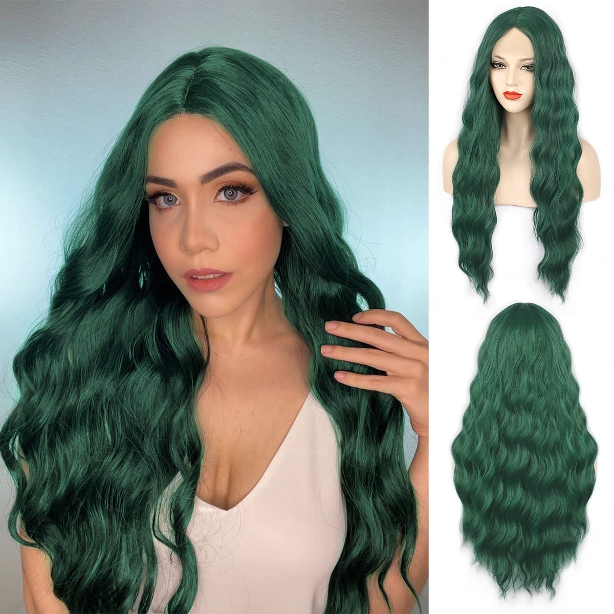 WECAN 28 Inch Long Wavy Green Wig for Women - Heat-Resistant Synthetic Cosplay & Party Use