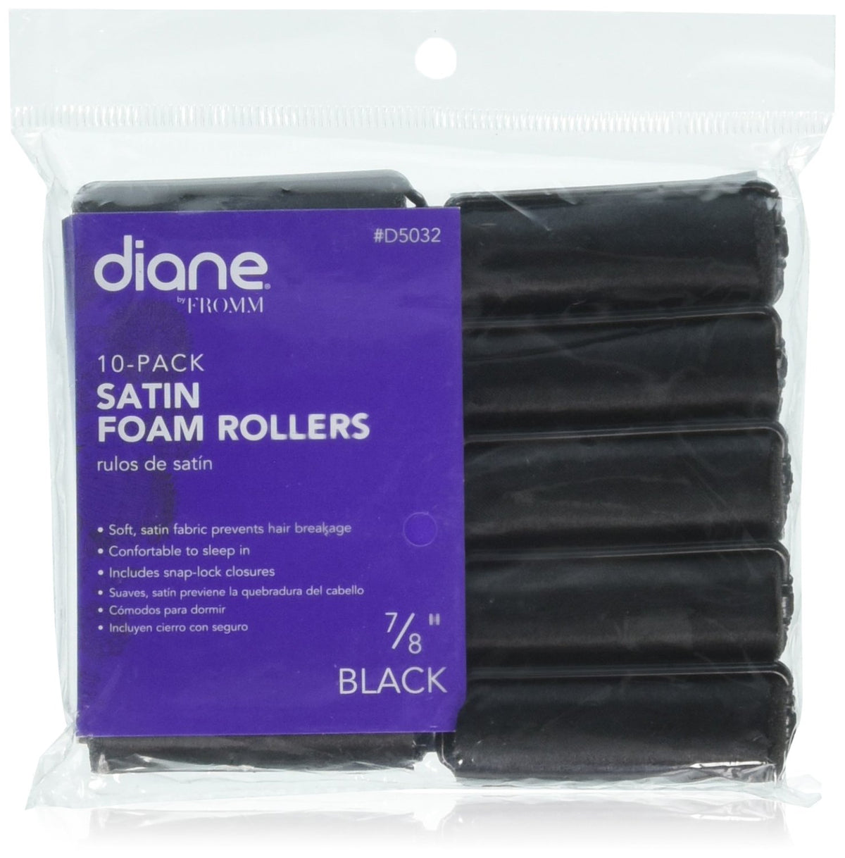 Diane Satin Foam Rollers, 7/8 Inch, 10 Count - Black Foam Hair Curlers for Volume and Waves