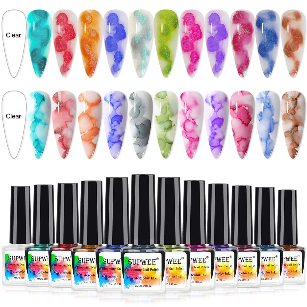 Supwee Blooming Watercolor Gel Nail Polish - 12 Colors, Marble Effect, 7Ml Soak Off Uv