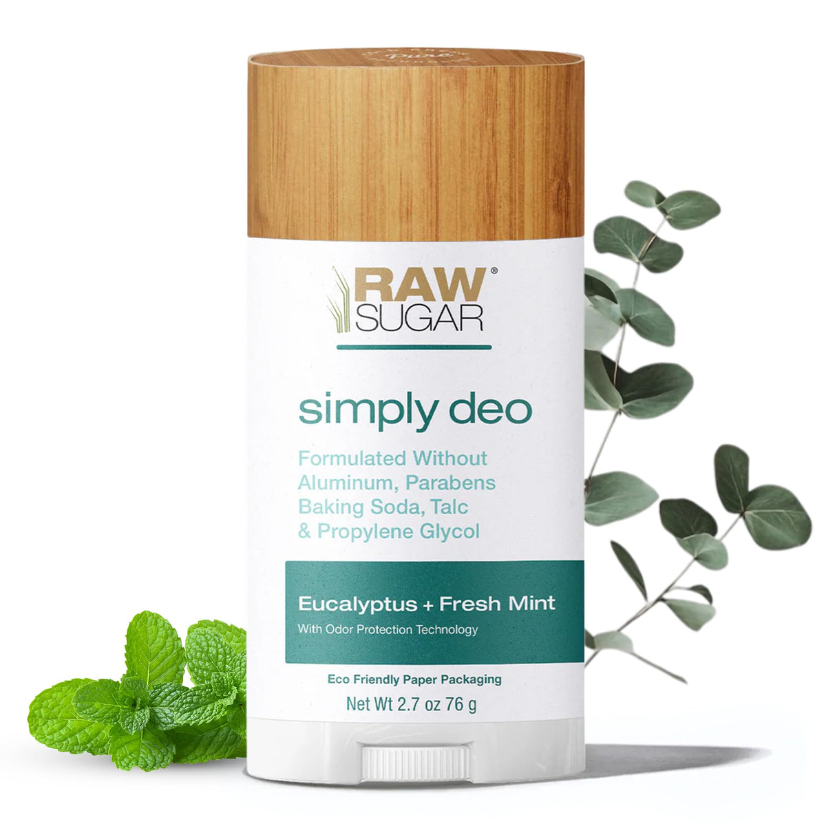 Raw Sugar Aluminum Free Deodorant Stick, Eucalyptus + Fresh Mint, 2.7 Oz, Clean Formula