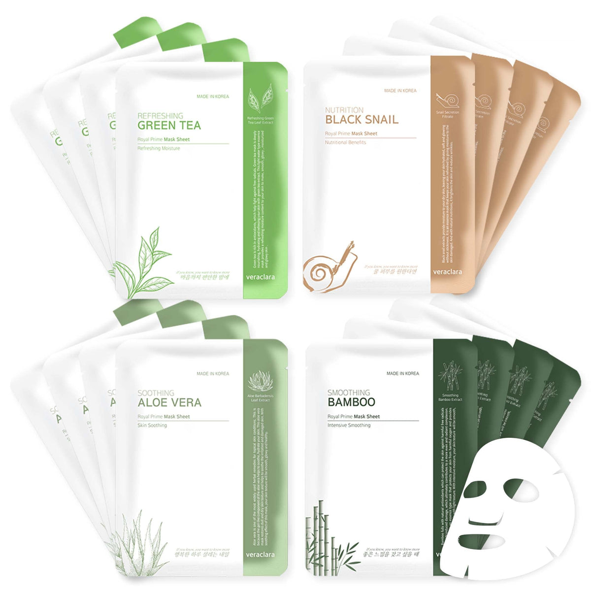 Veraclara Korean Facial Face Mask - 12 Count Skin Care Combo For Radiant Skin