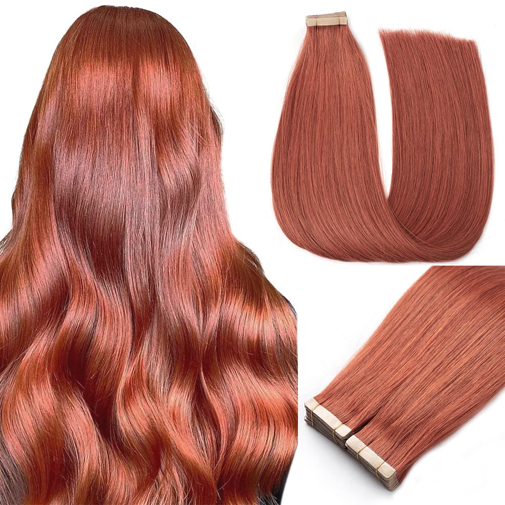 Yddm 20Pcs 16 Inch Copper Straight Human Hair Tape In Extensions, Seamless Remy Hair