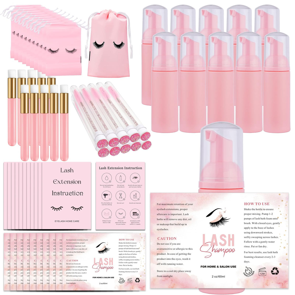 Nailslowee 60Pcs Lash Shampoo Bottles & Brushes Set - Foam Pump, Deep Cleaning, Aftercare Cards