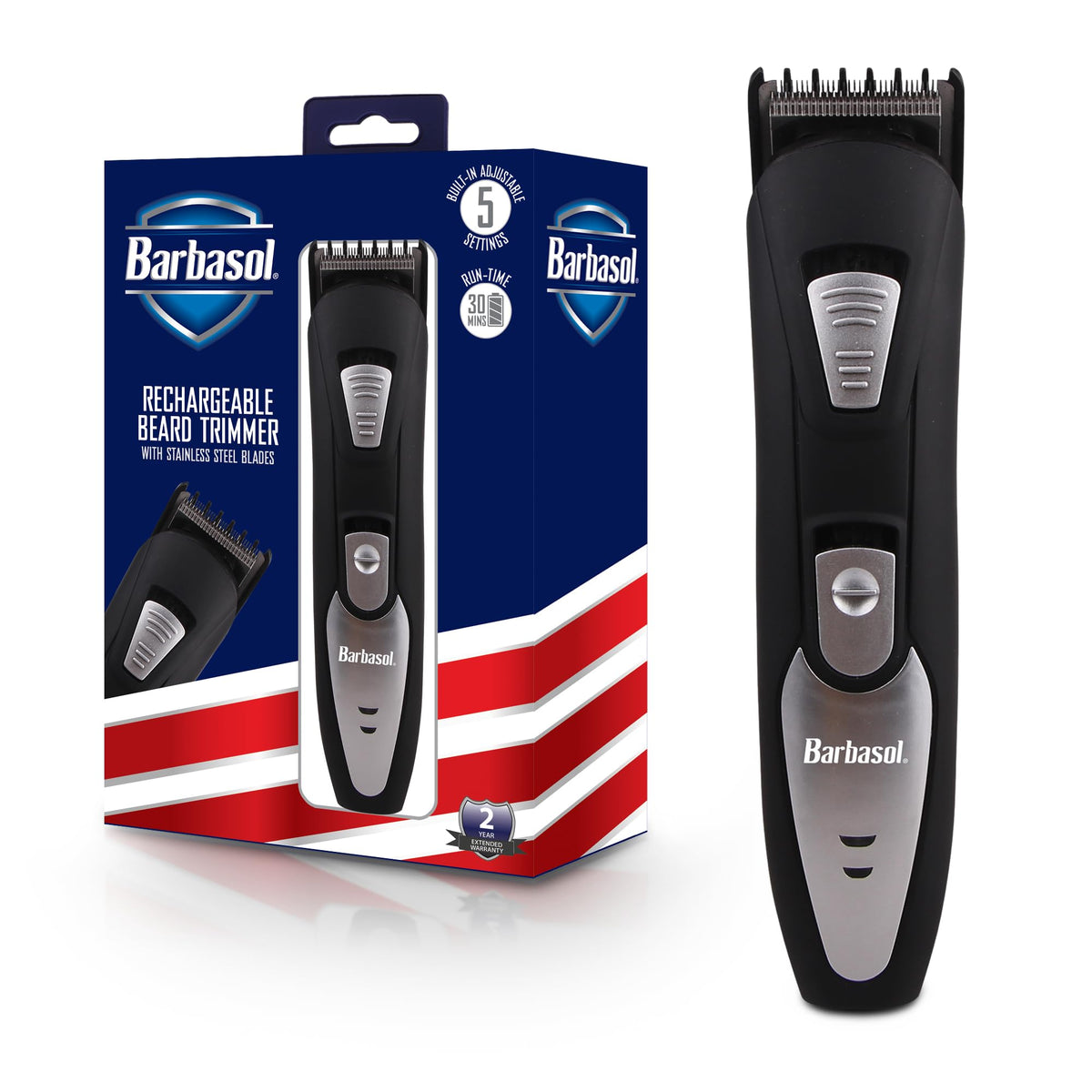 Barbasol Rechargeable Electric Beard Trimmer, Stainless Steel Blades, Adjustable Settings, Black