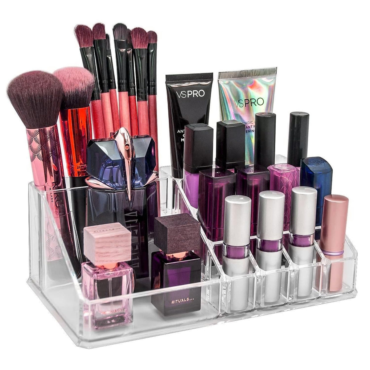 Control Kitchen Clear Makeup Organizer - 16 Compartment Plastic Storage For Vanity & Bathroom