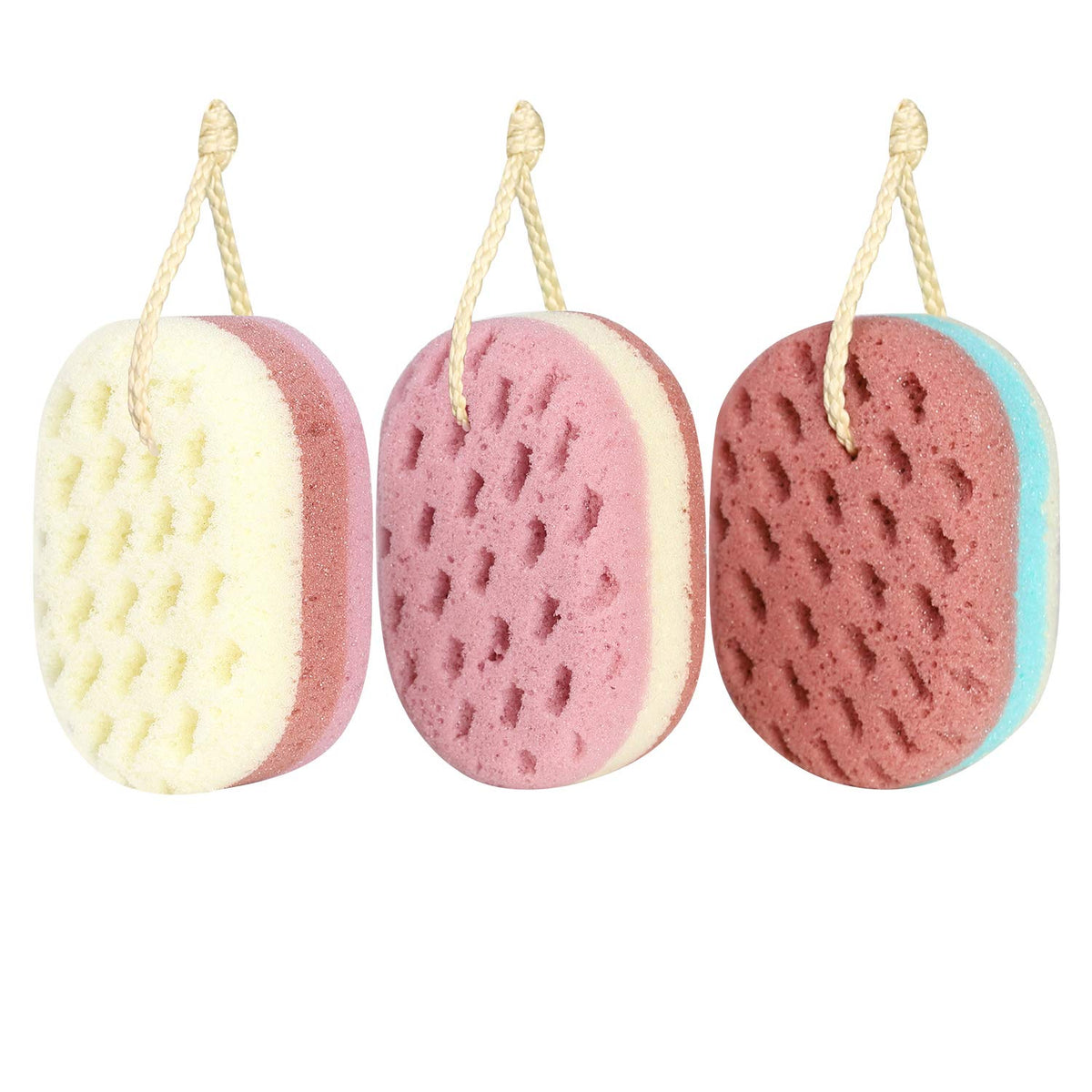 Kecuco 3 Pcs Bath Sponge Set - Loofah Body Scrubber For Adults, Kids, And Shower Essentials