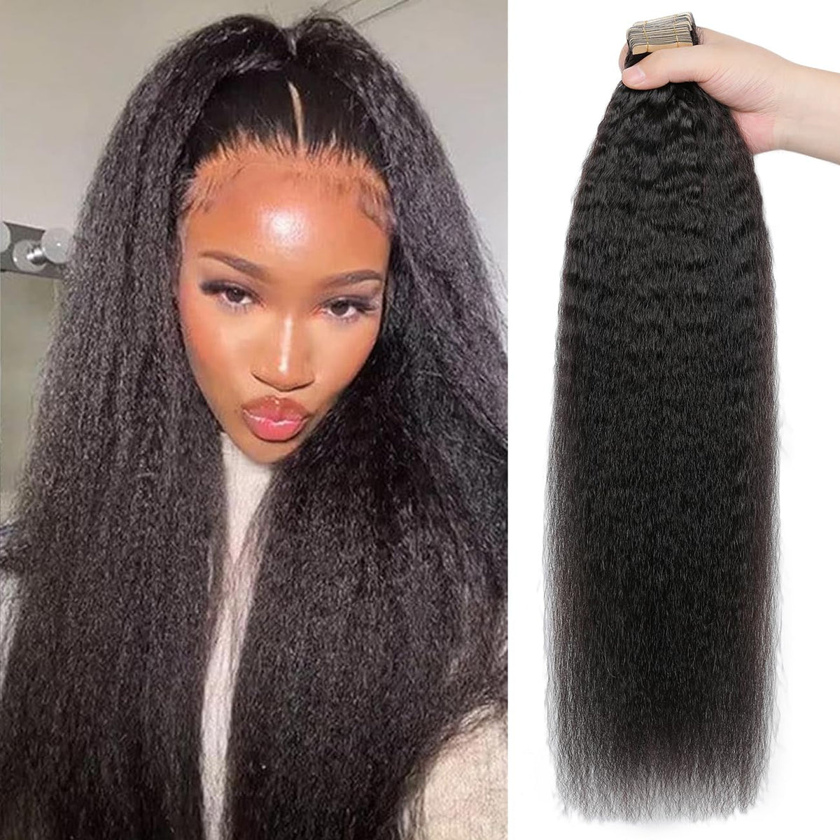 Hotlulana 60Pcs Kinky Straight Tape In Hair Extensions 20 Inch Remy Human Hair For Black Women