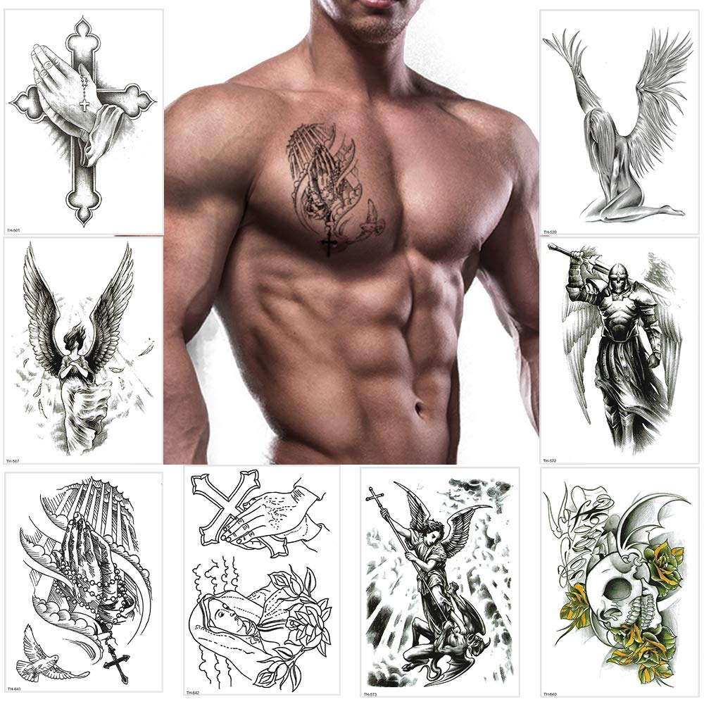 Awlee Large Temporary Tattoo For Men & Women - Black Catholic Cross Angel Sticker, Waterproof