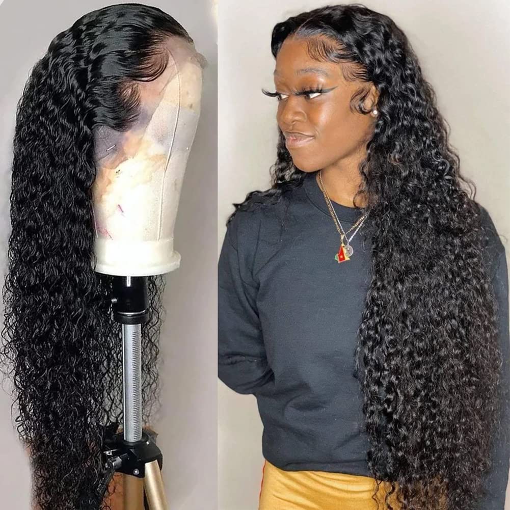 CYNOSURE 30&quot; Kinky Curly Lace Front Wig, Pre Plucked Human Hair for Black Women, Natural Black