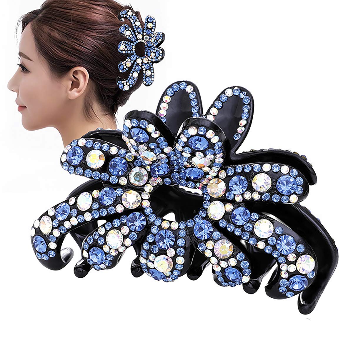 Fodattm Elegant Blue Rhinestone Hair Claw Clip - Large Non-Slip Acrylic Barrette For Updos