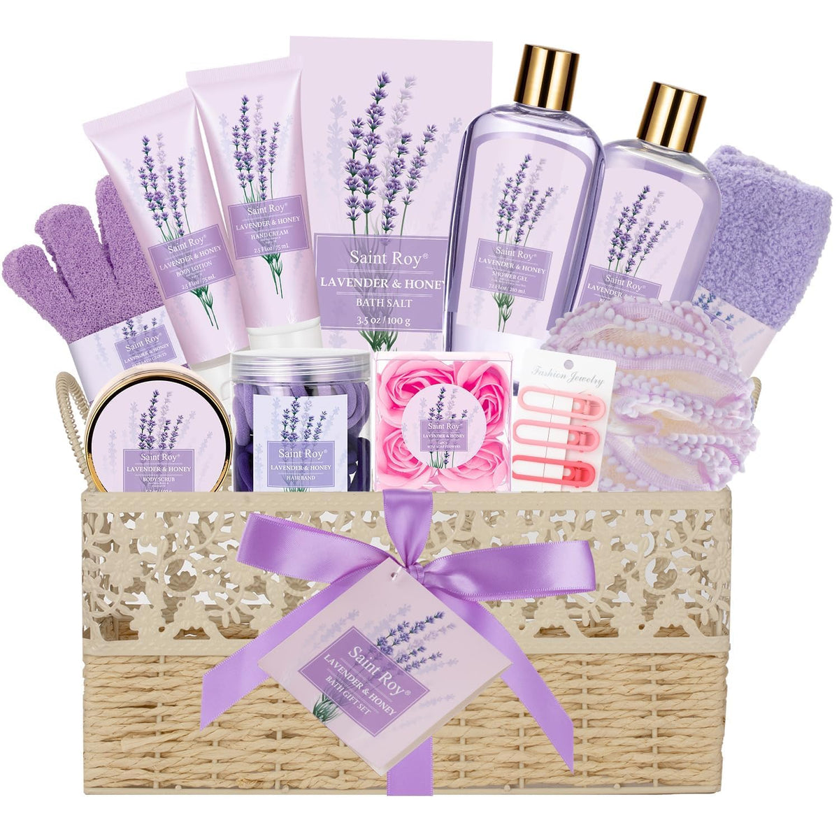 Saint Roy Luxury Lavender & Honey Bath Set, 20 Pcs Spa Kit For Women - Perfect Gift Basket