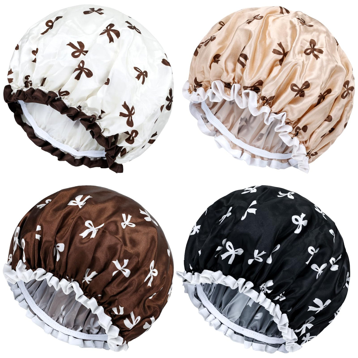 Lawie 4 Pack Large Waterproof Satin Shower Caps - Adjustable Hair Cover Bonnets For Women