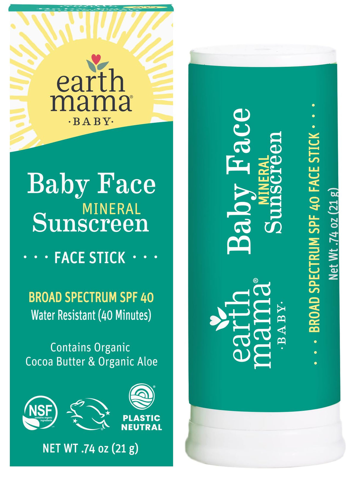 Earth Mama Baby Face Mineral Sunscreen Stick Spf 40 | Reef Safe, Non-Nano Zinc, 0.74 Oz