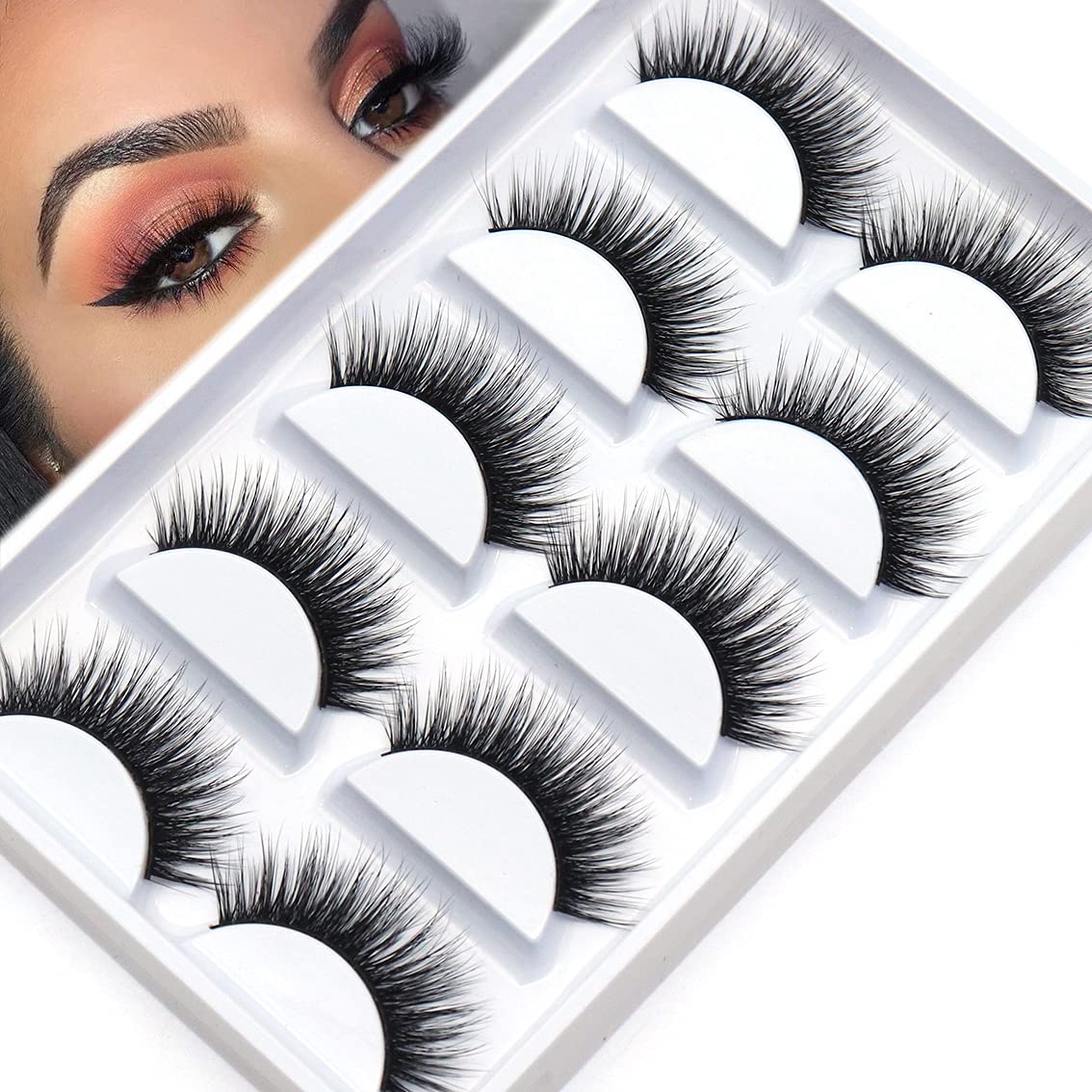 Veleasha Faux Mink False Eyelashes - 5 Pairs Natural Look, Volume Fluffy, Black