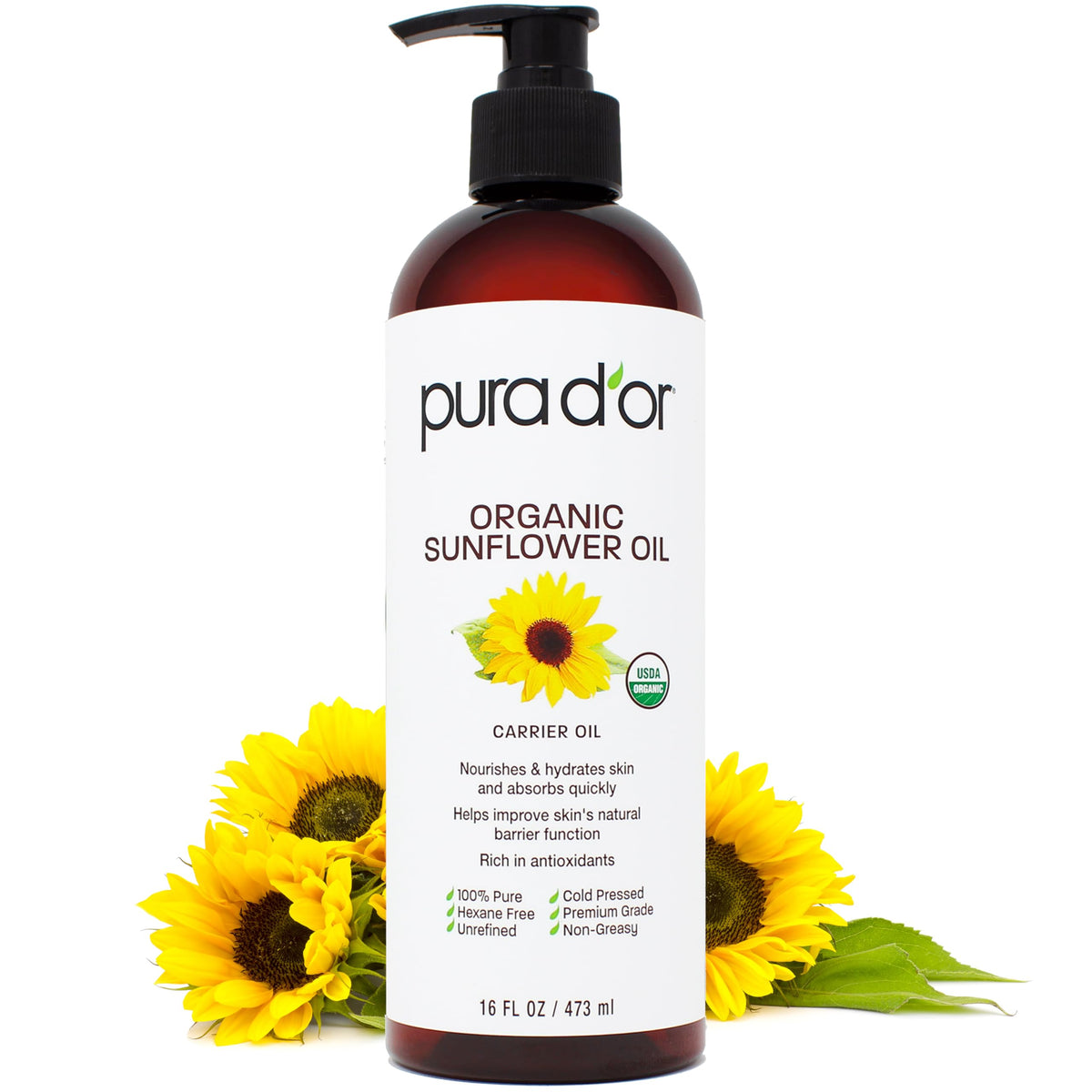 Pura D'Or Organic Sunflower Seed Oil 16 Oz - 100% Pure, Cold Pressed, Unscented Moistur