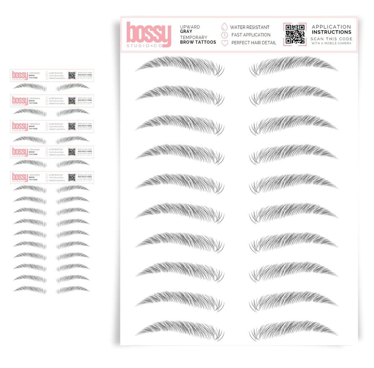 Brows By Bossy 5 Pack Waterproof Eyebrow Tattoos - Natural Strokes, Upward Gray Stickers